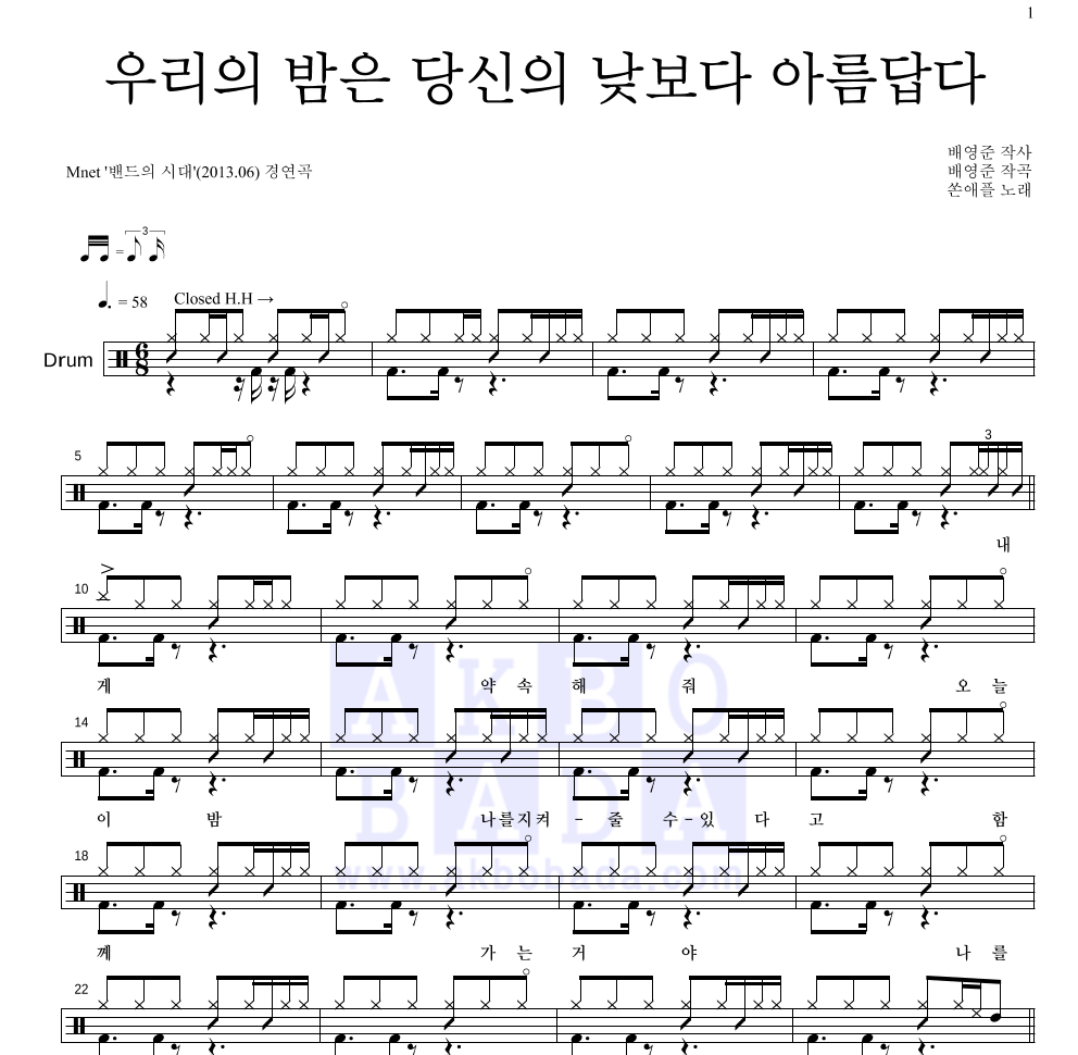 쏜애플 - 우리의 밤은 당신의 낮보다 아름답다 드럼(Tab) 악보 