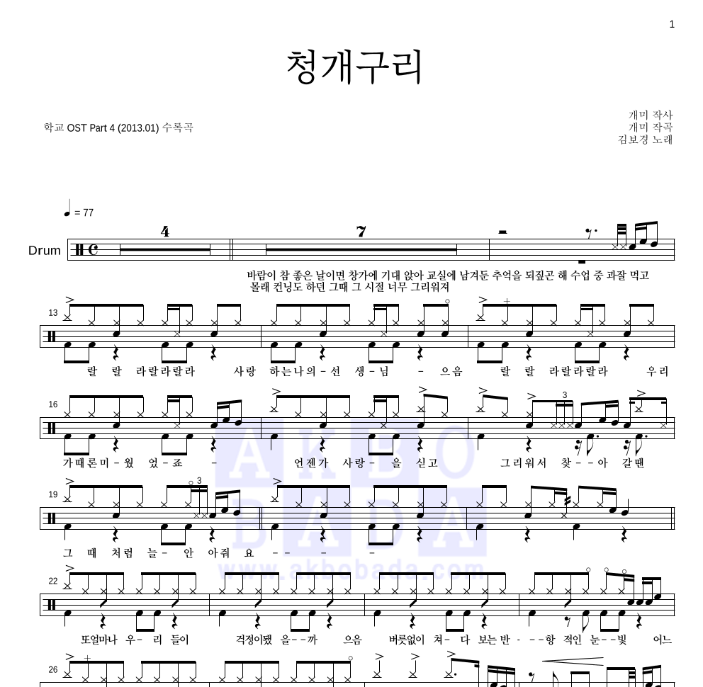 김보경 - 청개구리 드럼(Tab) 악보 