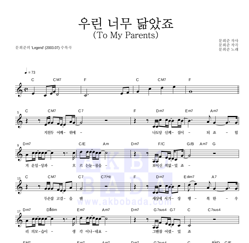 문희준 - 우린 너무 닮았죠 (To My Parents) 멜로디 악보 