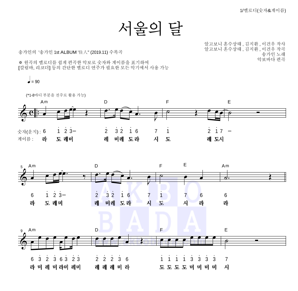 송가인 - 서울의 달 멜로디-숫자&계이름 악보 