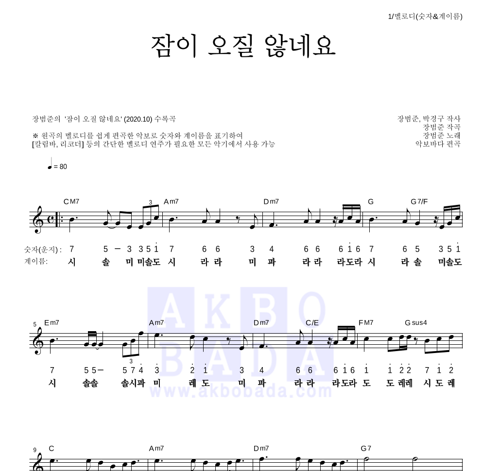 장범준 - 잠이 오질 않네요 멜로디-숫자&계이름 악보 