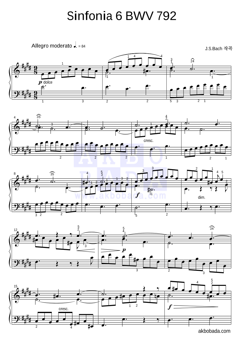 바흐 - Sinfonia 6 BWV 792 피아노 2단 악보 