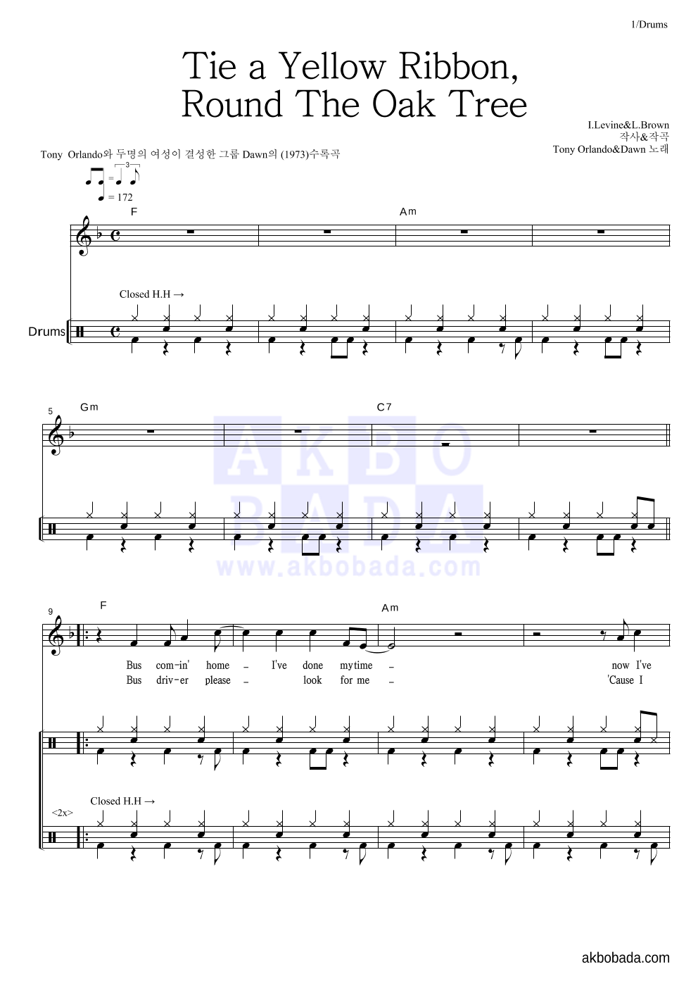 Tony Orlando,dawn - Tie A Yellow Ribbon Round The Old Oak Tree 드럼 악보 