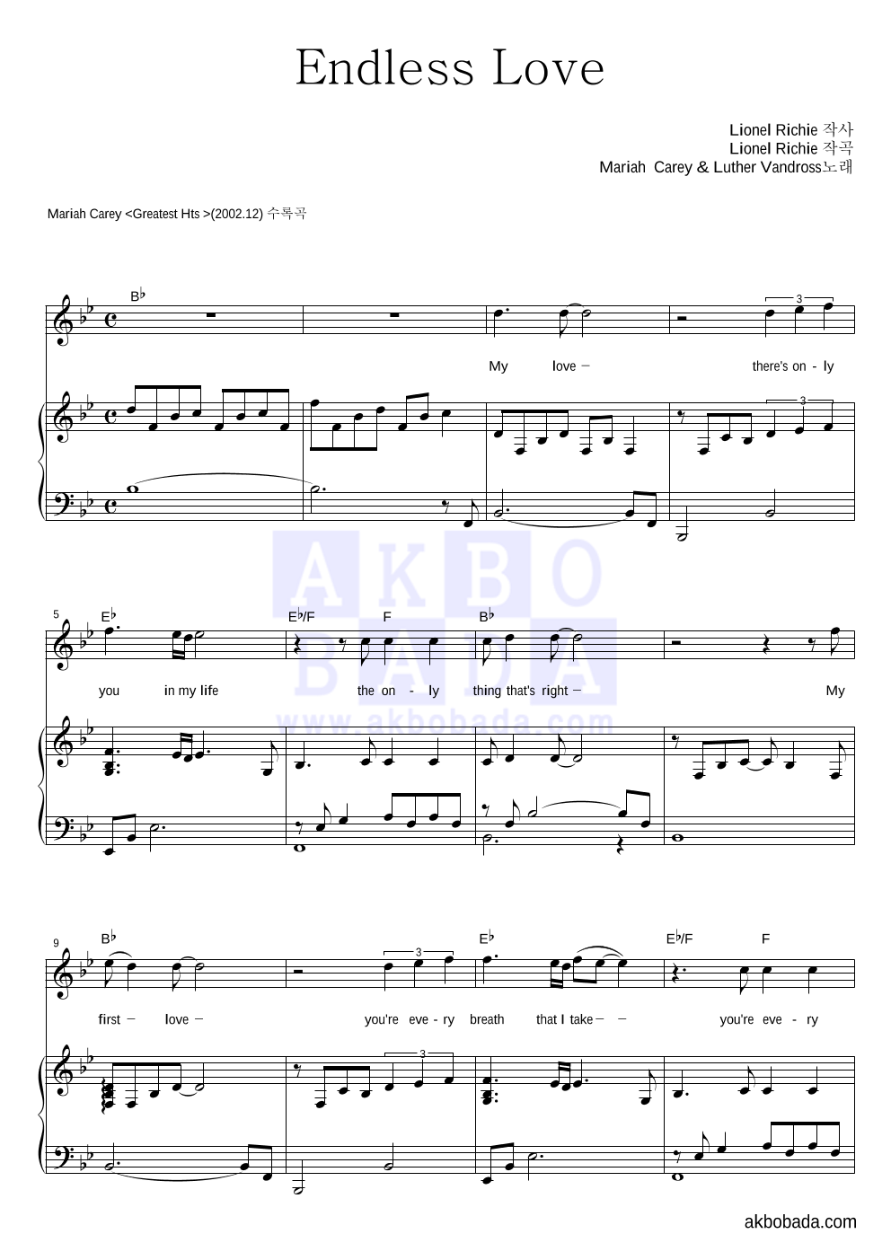 Mariah Carey,Luther Vandross - Endless Love 피아노&듀엣 악보 