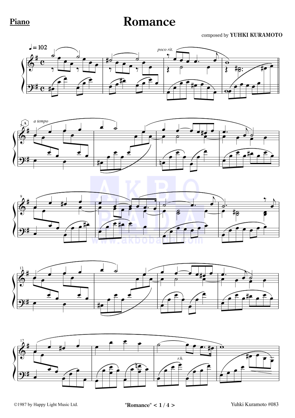 Yuhki Kuramoto - Romance 피아노 2단 악보 