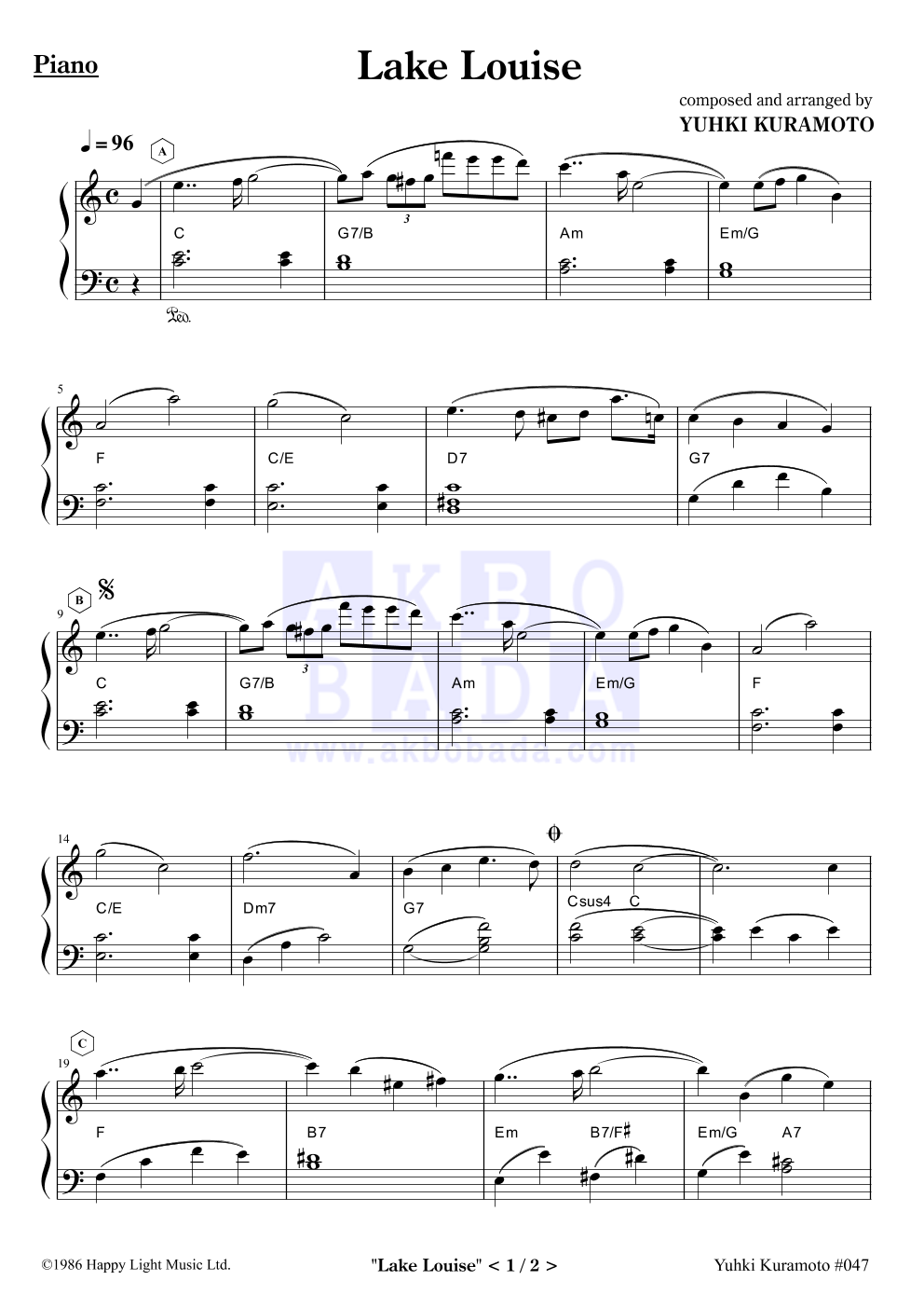Yuhki Kuramoto - Lake Louise (Simple Ver.)(Easy Ver.) 피아노 2단 악보 