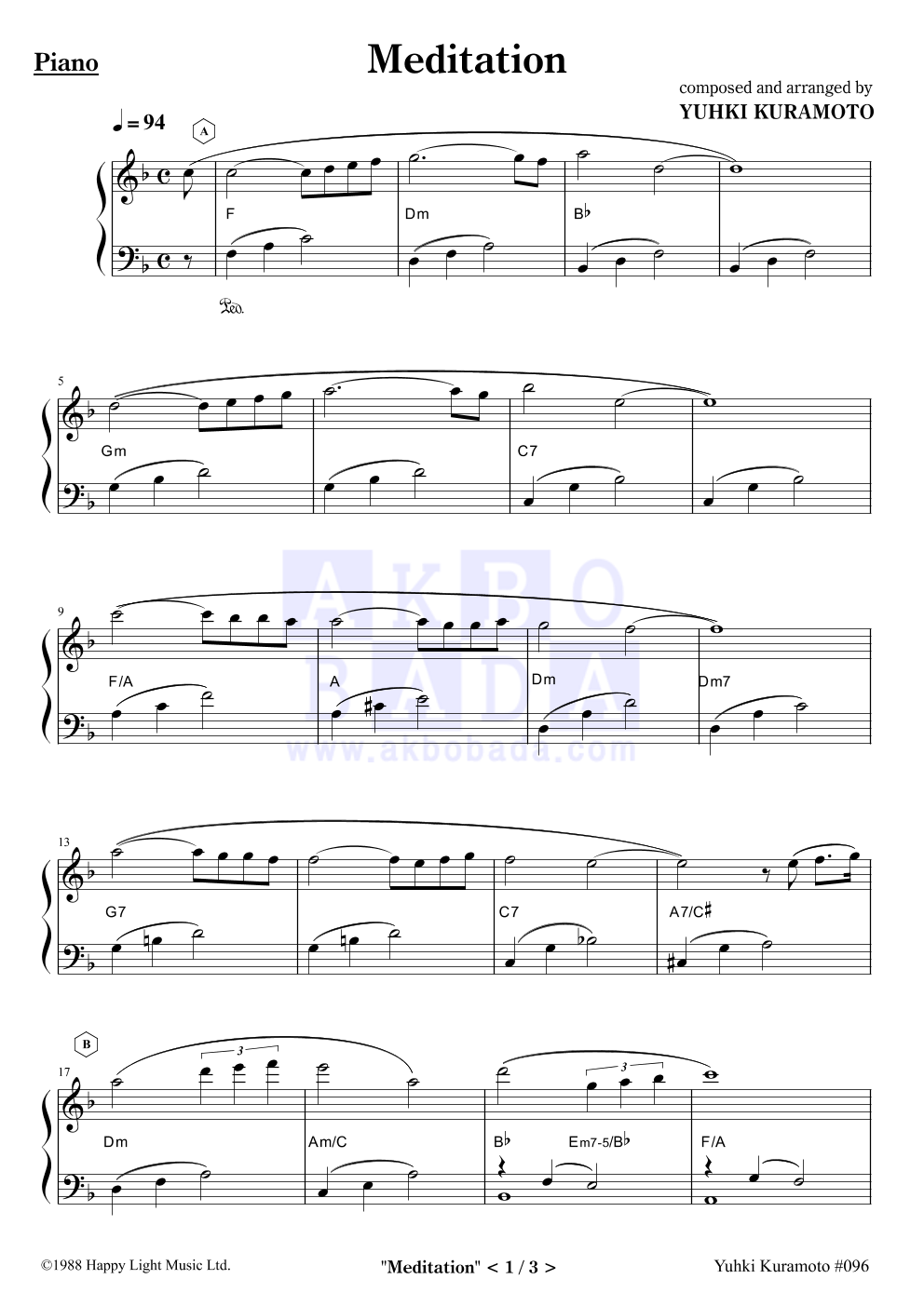 Yuhki Kuramoto - Meditation (Simple Ver.)(Easy Ver.) 피아노 2단 악보 