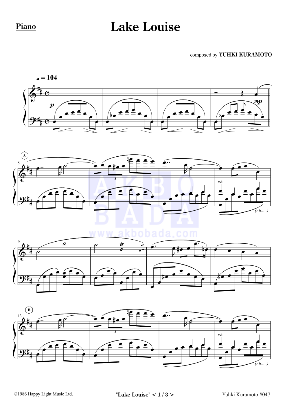 Yuhki Kuramoto - Lake Louise  피아노 2단 악보 