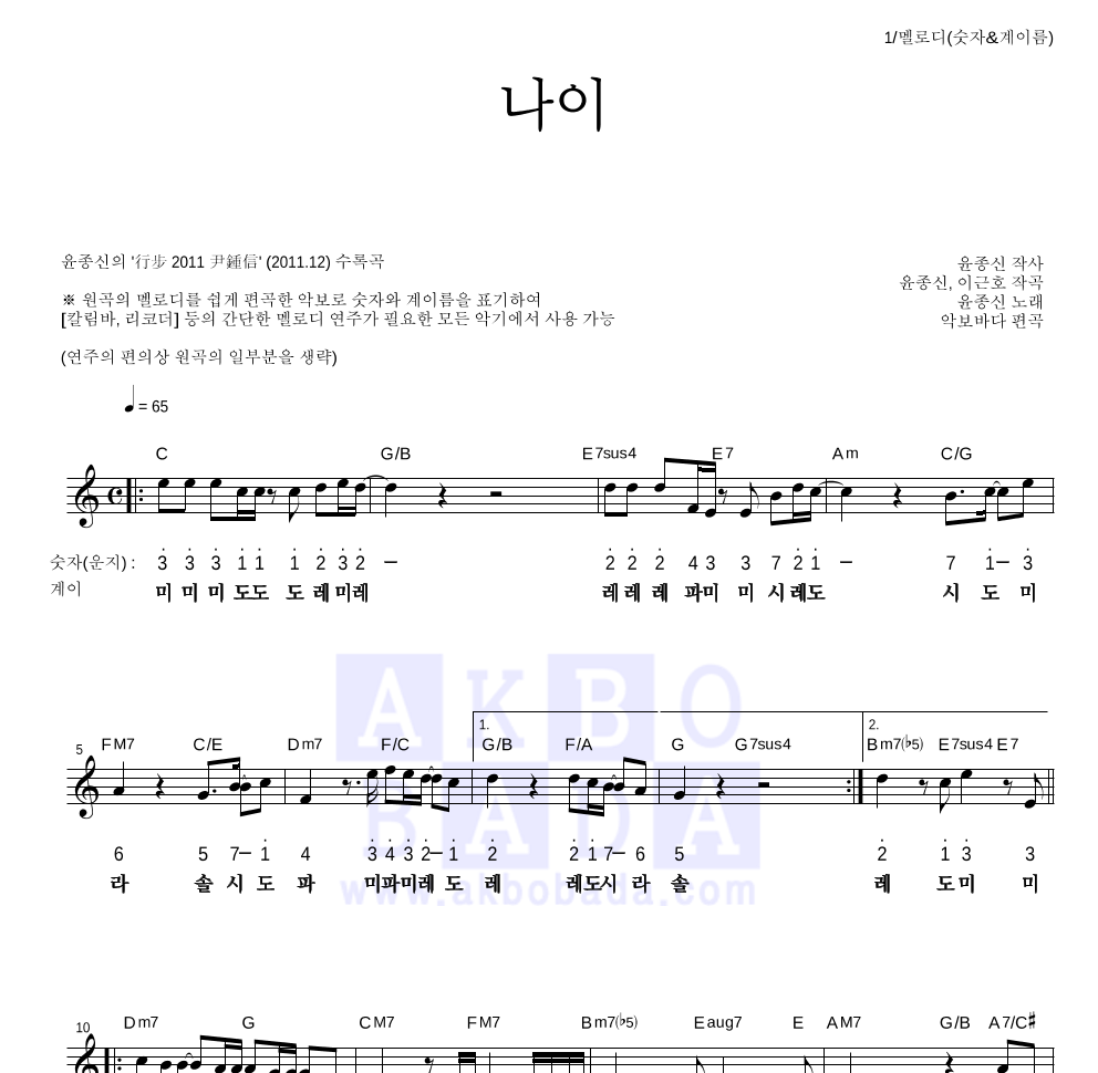 윤종신 - 나이 멜로디-숫자&계이름 악보 