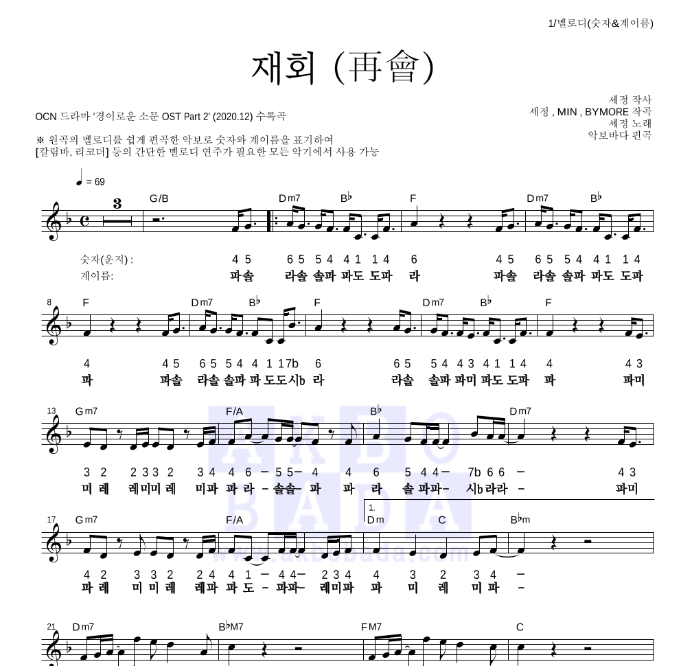 김세정 - 재회 (再會) 멜로디-숫자&계이름 악보 