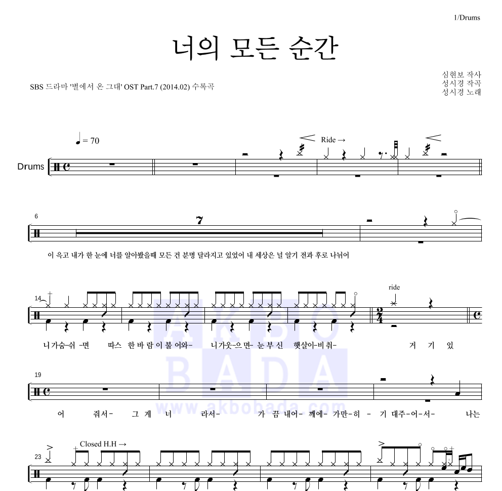 성시경 - 너의 모든 순간 드럼(Tab) 악보 