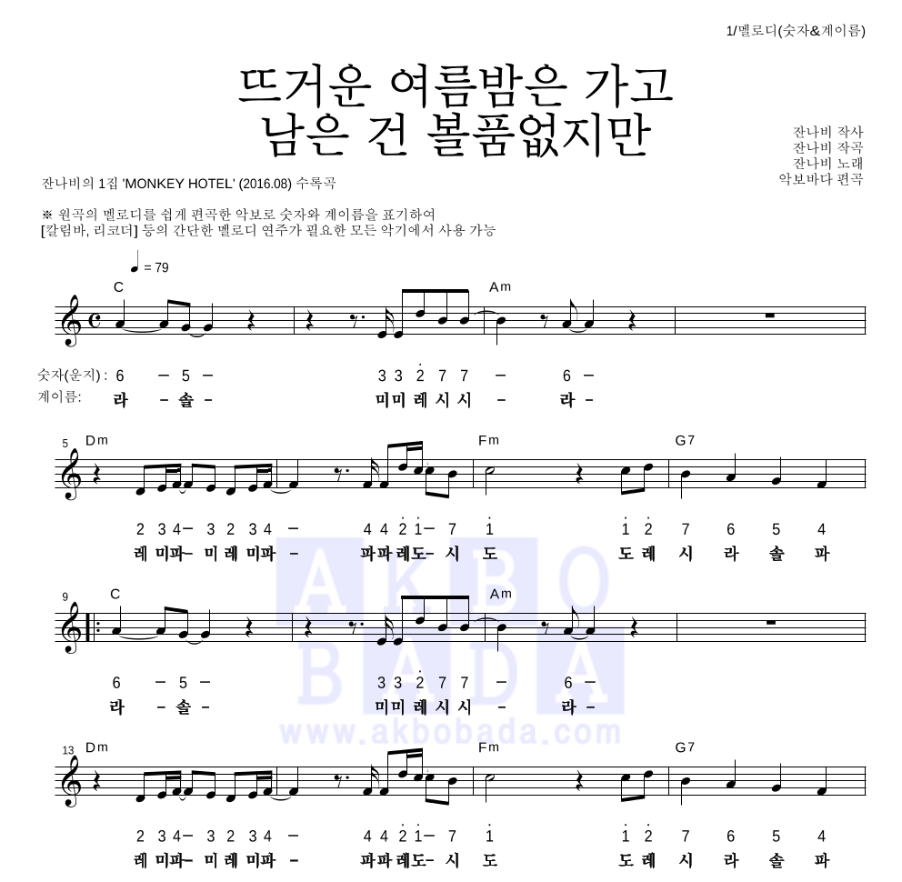 잔나비 - 뜨거운 여름밤은 가고 남은 건 볼품없지만 멜로디-숫자&계이름 악보 