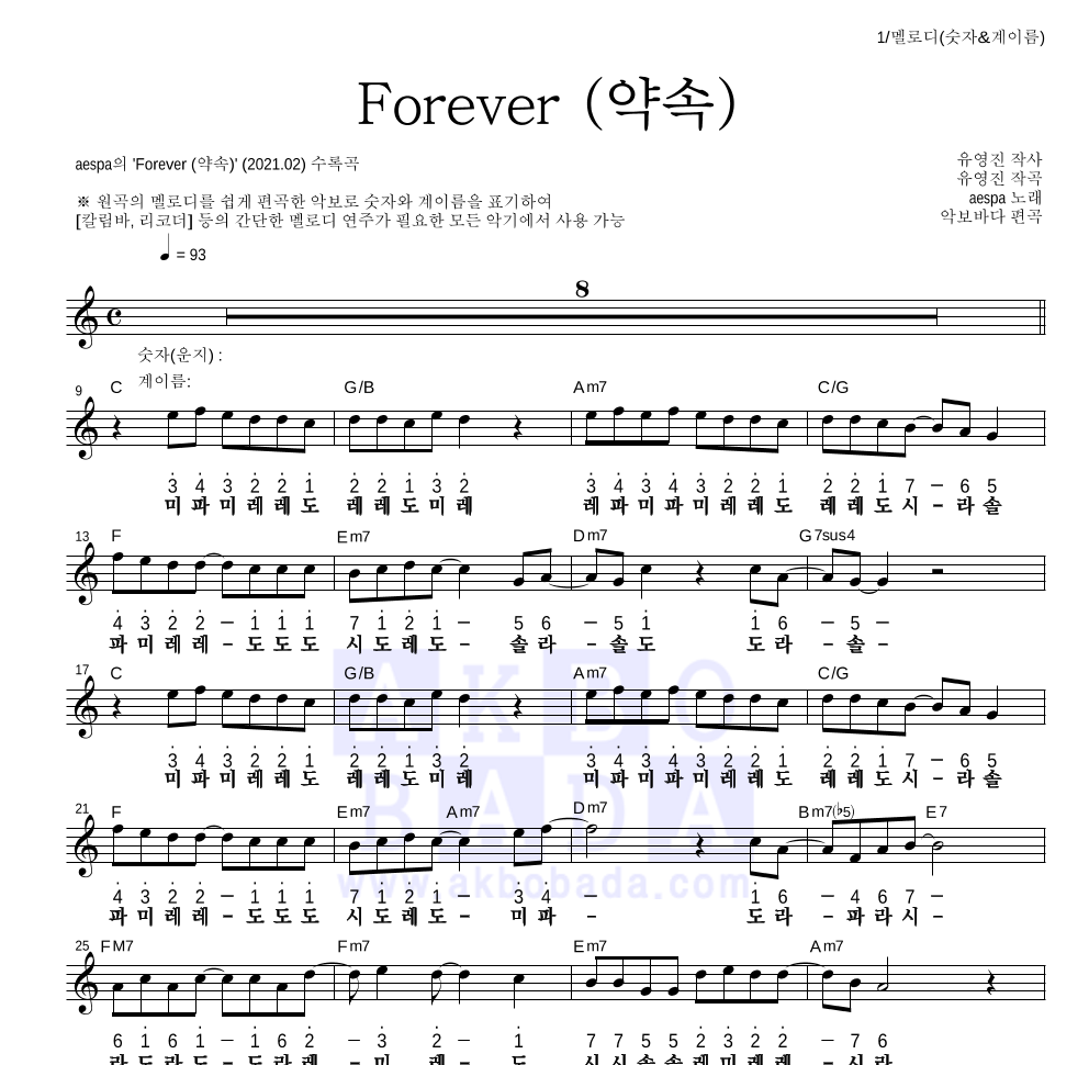 aespa - Forever (약속) 멜로디-숫자&계이름 악보 