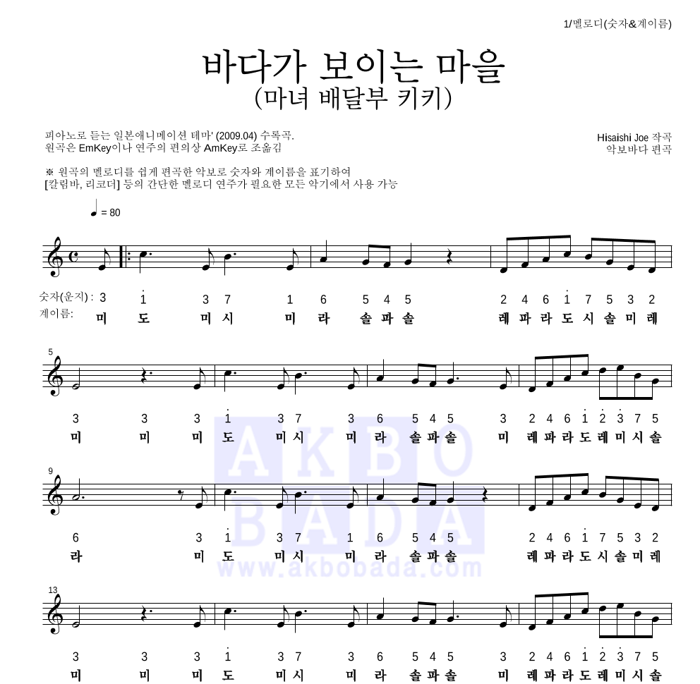 Hisaishi Joe - 海の見える街 / 바다가 보이는 마을 (마녀 배달부 키키) 멜로디-숫자&계이름 악보 