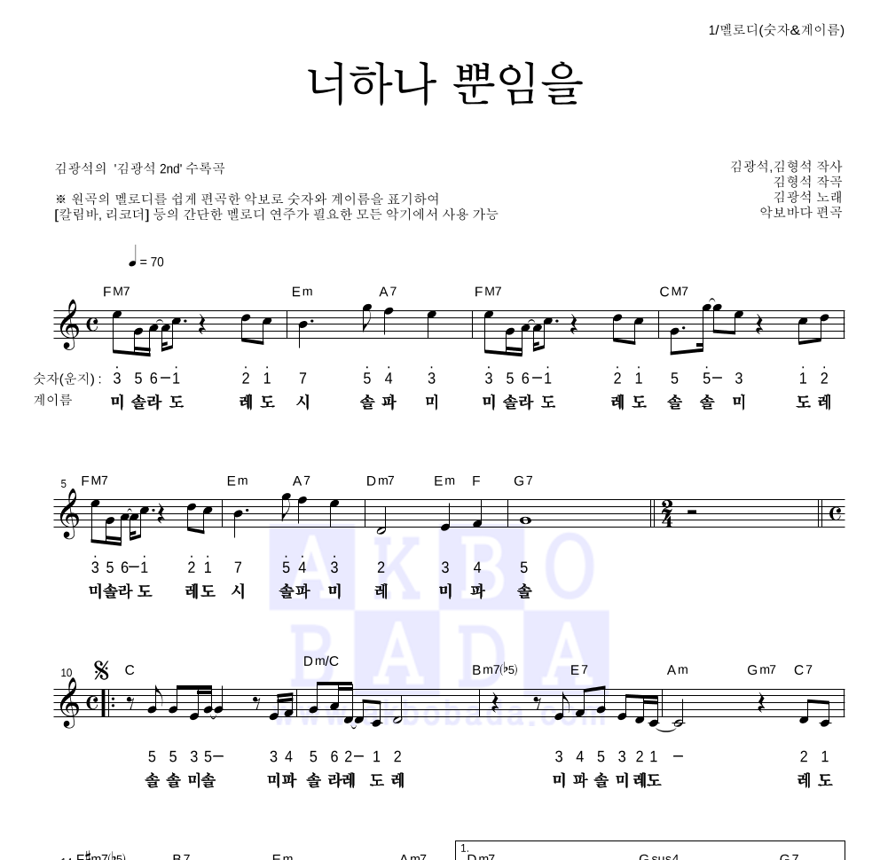 김광석 - 너하나 뿐임을 멜로디-숫자&계이름 악보 