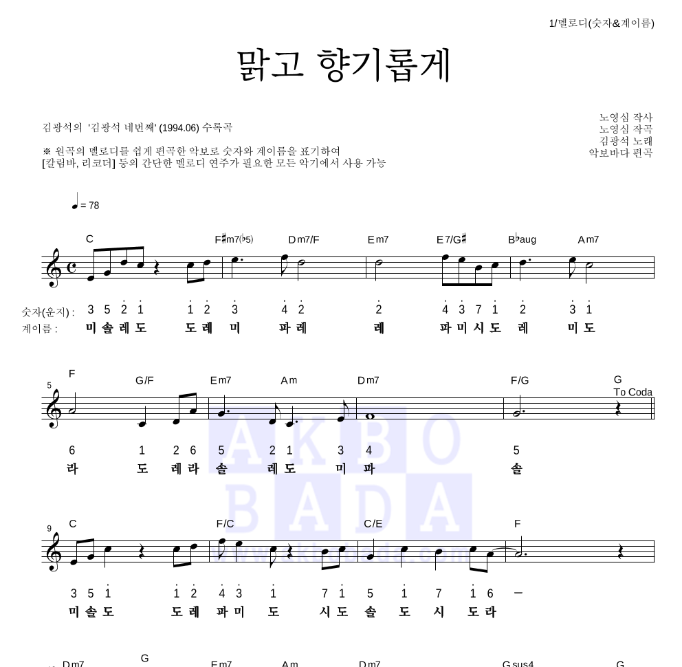 김광석 - 맑고 향기롭게 멜로디-숫자&계이름 악보 