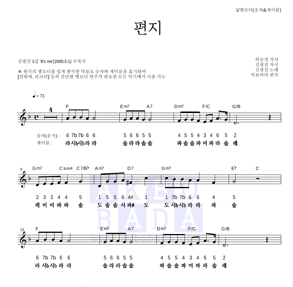 김광진 - 편지 멜로디-숫자&계이름 악보 