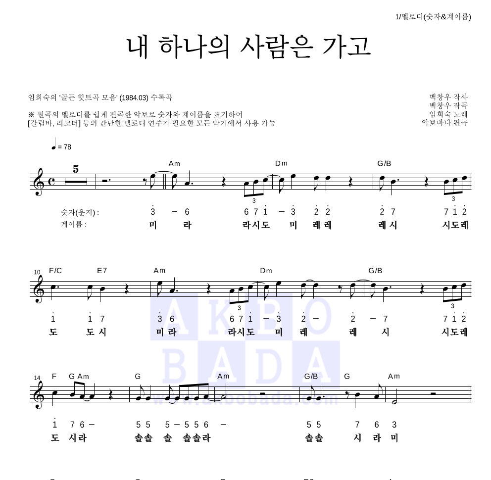 임희숙 - 내 하나의 사람은 가고 멜로디-숫자&계이름 악보 