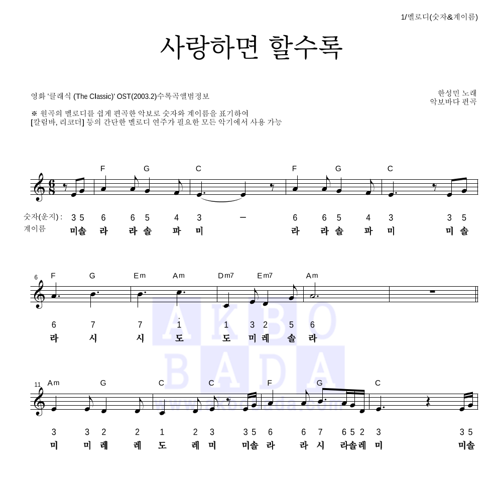 한성민 - 사랑하면 할수록 멜로디-숫자&계이름 악보 