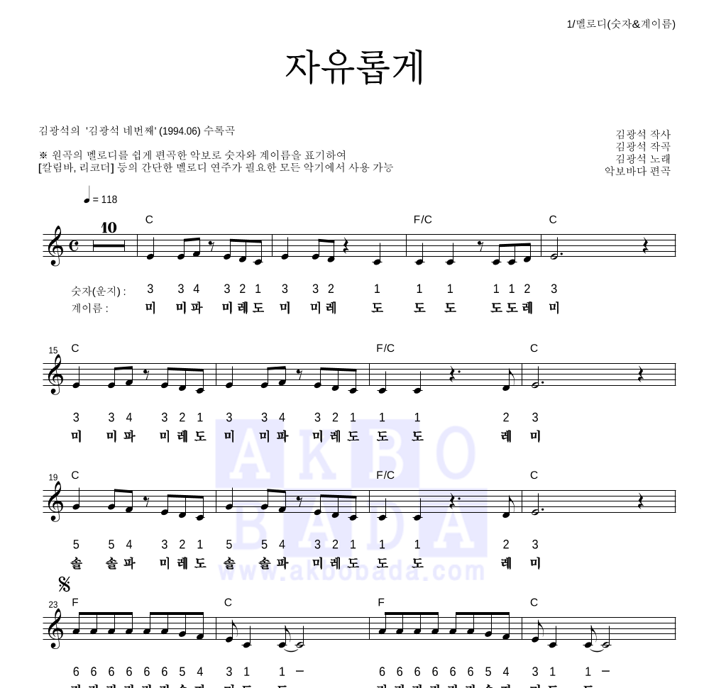김광석 - 자유롭게 멜로디-숫자&계이름 악보 