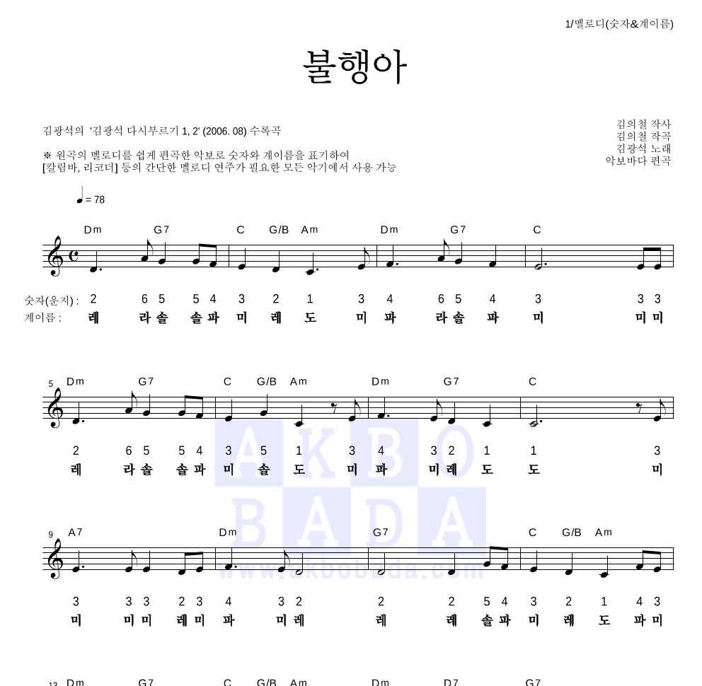 김광석 - 불행아 멜로디-숫자&계이름 악보 