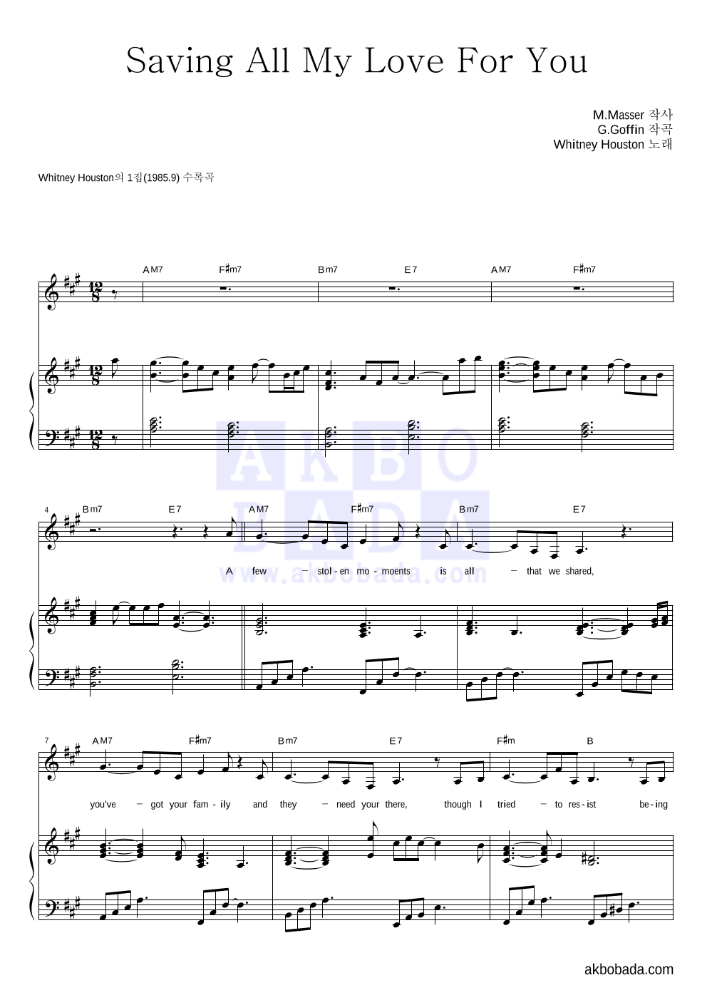 Whitney Houston - Saving All My Love For You 피아노 3단 악보 