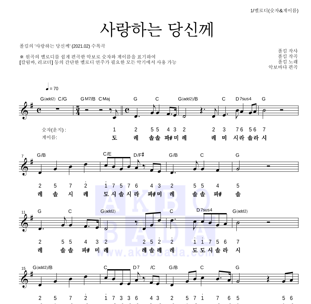 폴킴 - 사랑하는 당신께 멜로디-숫자&계이름 악보 