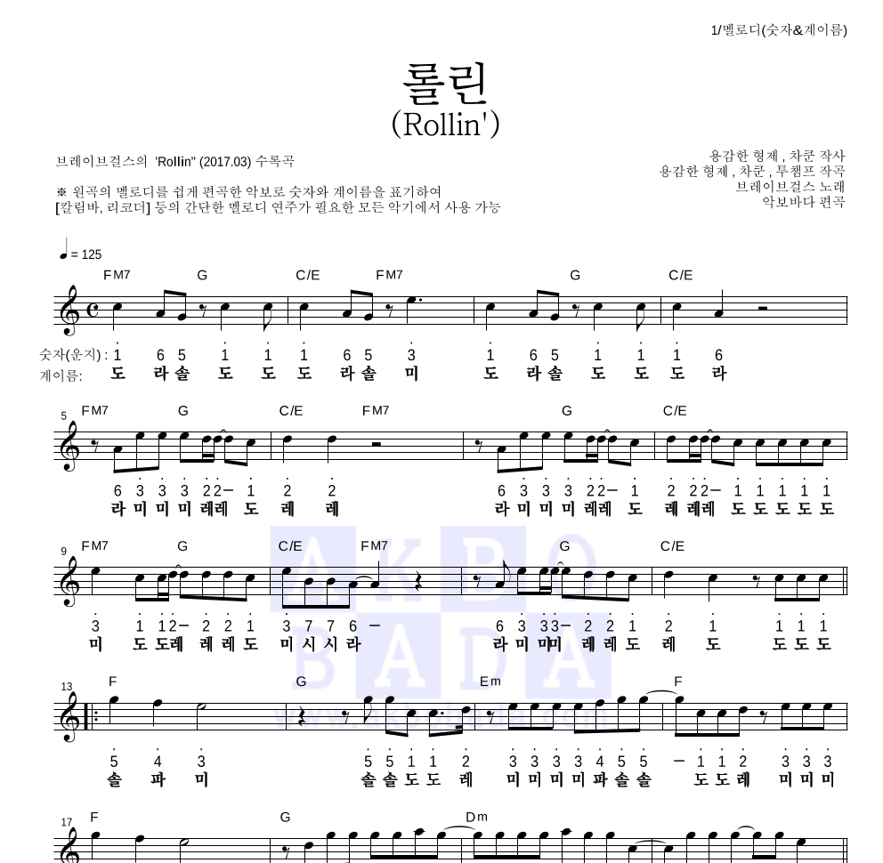 브레이브걸스 - 롤린 (Rollin') 멜로디-숫자&계이름 악보 