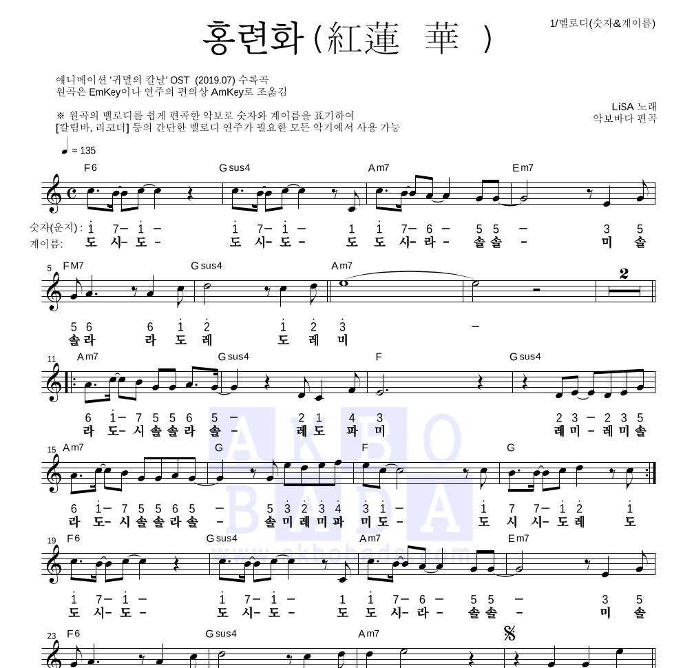 귀멸의 칼날 OST - 홍련화(紅蓮華) 멜로디-숫자&계이름 악보 
