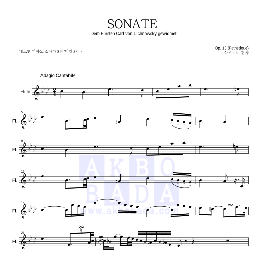 베토벤 - 비창 SONATE 2악장 플룻 파트보 악보 