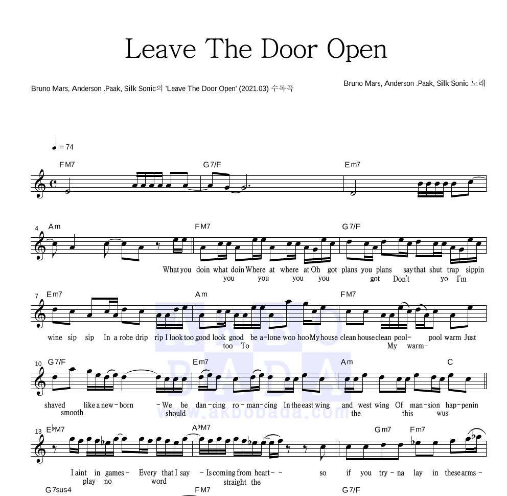 Bruno Mars,Anderson .Paak,Silk Sonic - Leave The Door Open 멜로디 악보 