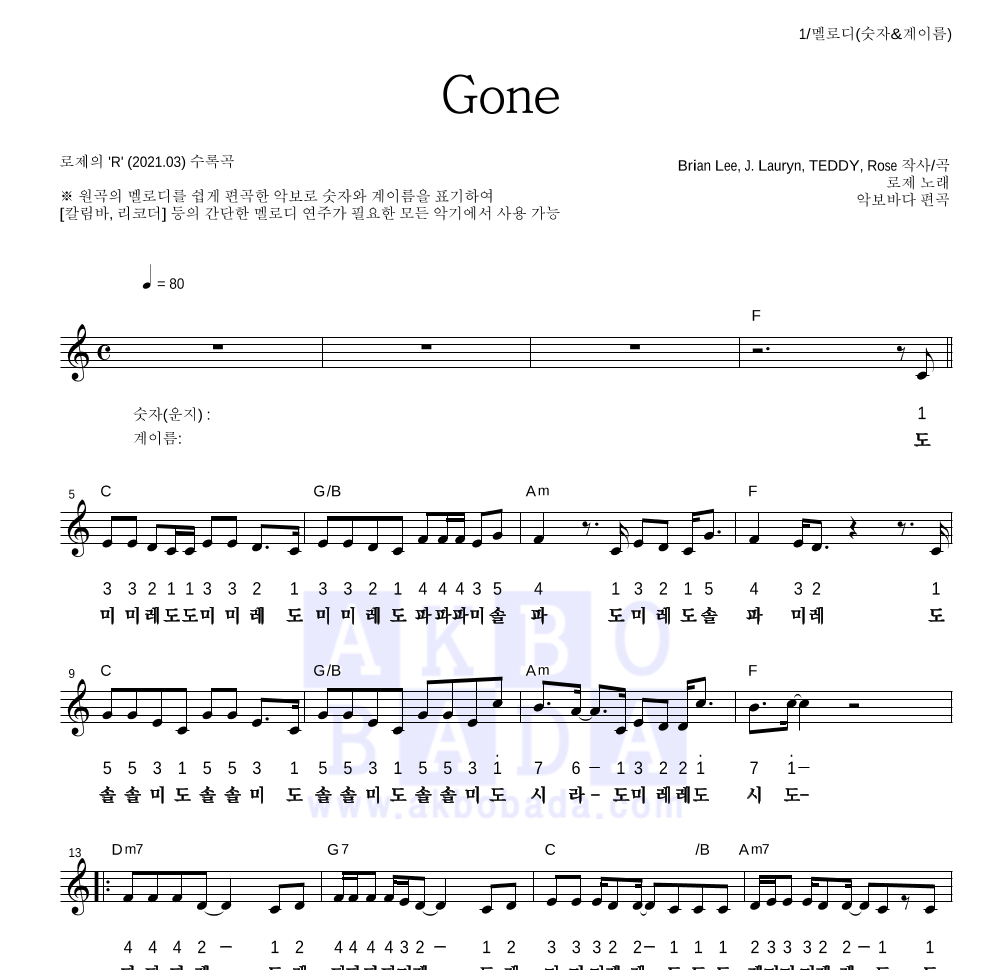 로제 - Gone 멜로디-숫자&계이름 악보 