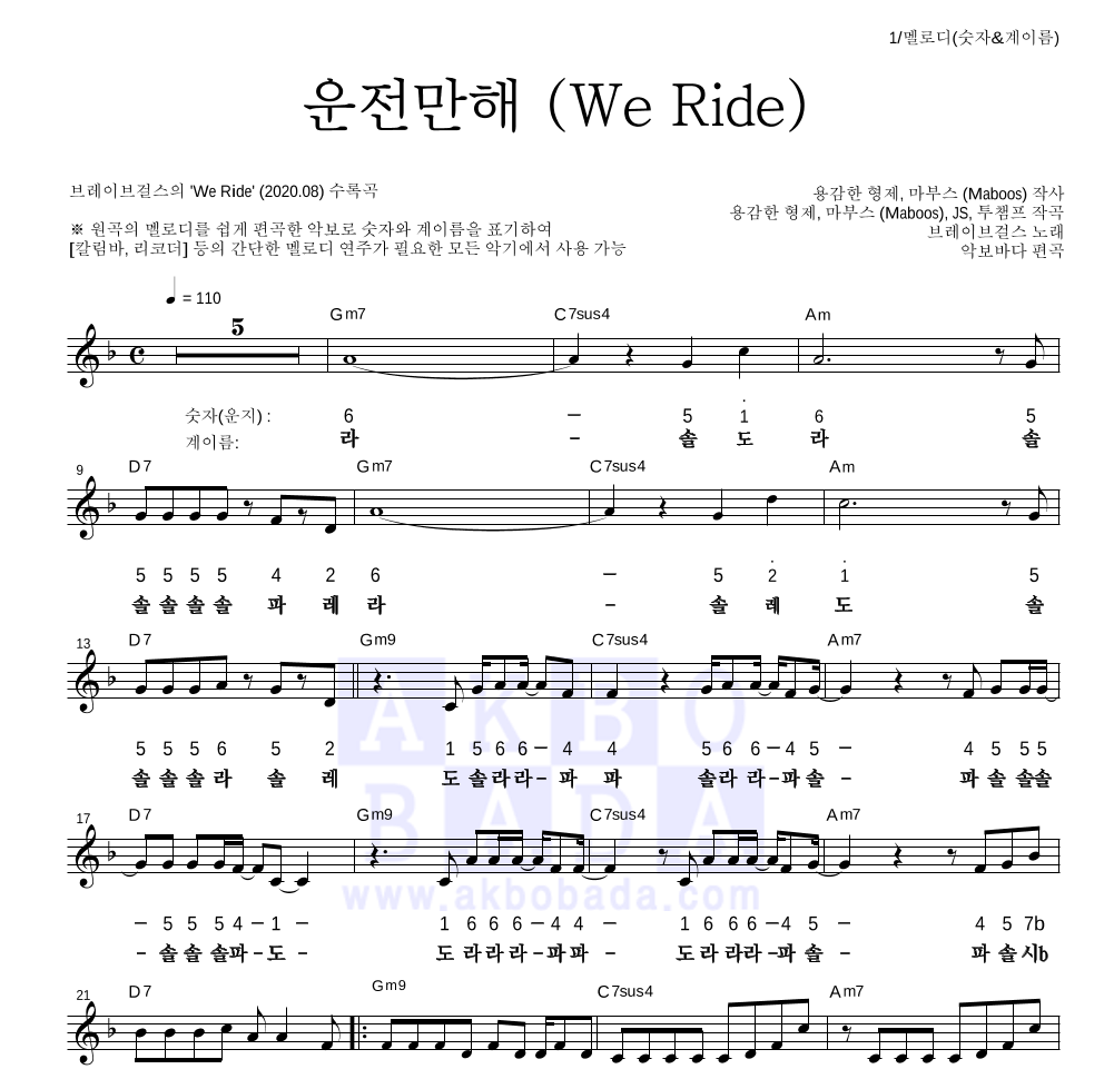 브레이브걸스 - 운전만해 (We Ride) 멜로디-숫자&계이름 악보 