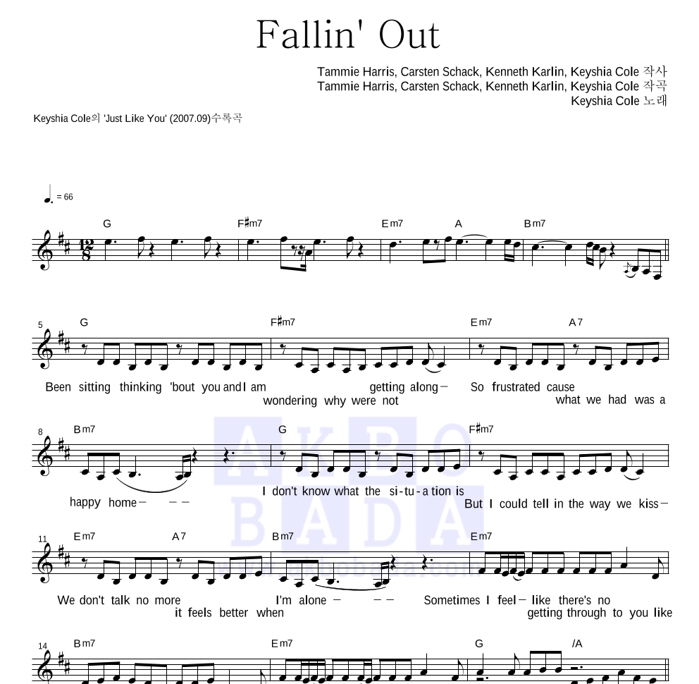 Keyshia Cole - Fallin' Out 멜로디 악보 