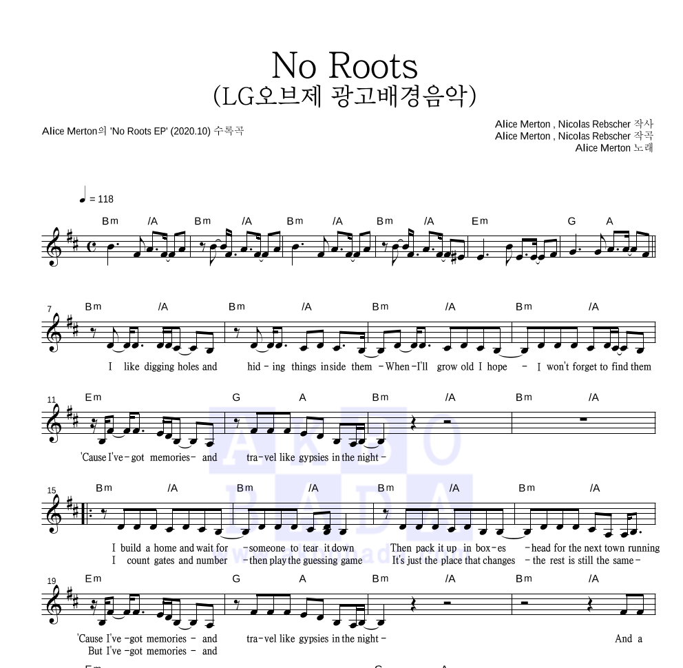 Alice Merton - No Roots (LG오브제 광고배경음악) 멜로디 악보 