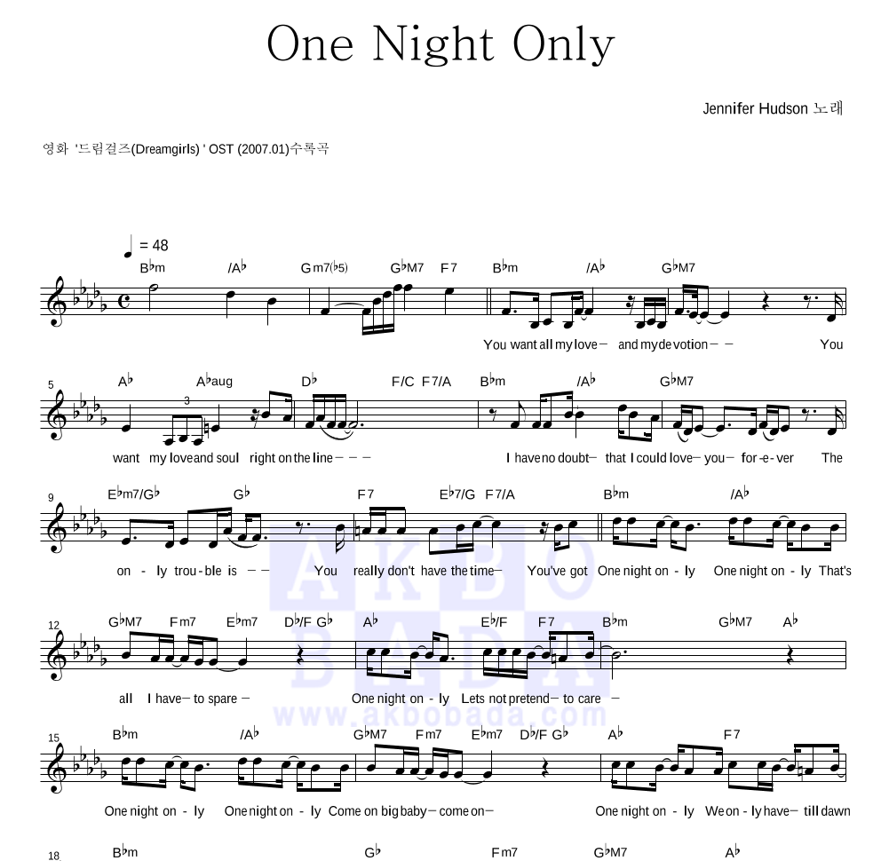 Jennifer Hudson - One Night Only 멜로디 악보 