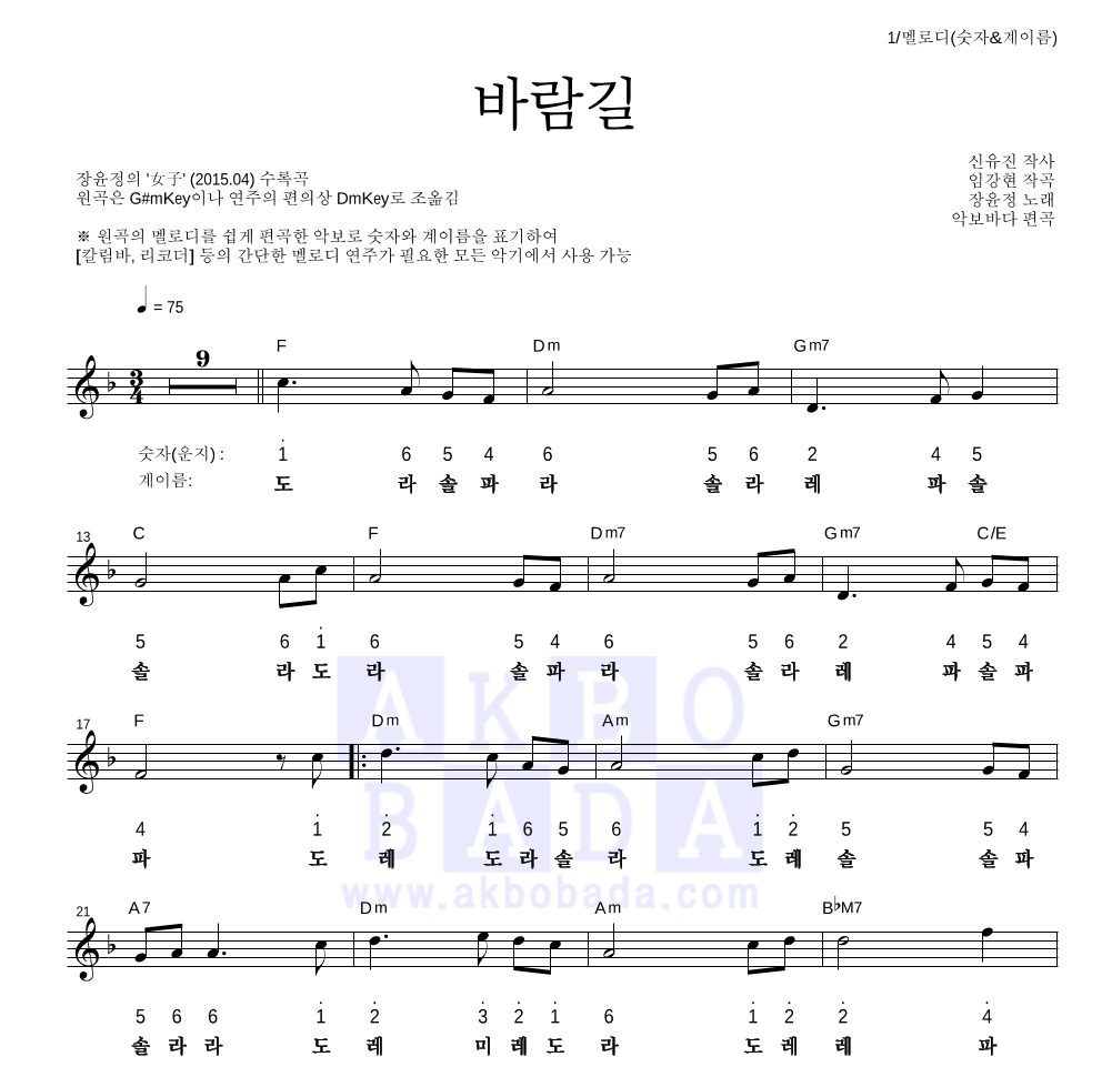 장윤정 - 바람길 멜로디-숫자&계이름 악보 