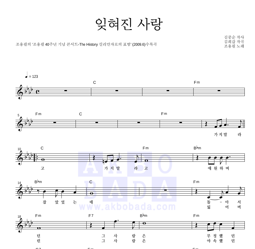 조용필 - 잊혀진 사랑 멜로디 악보 
