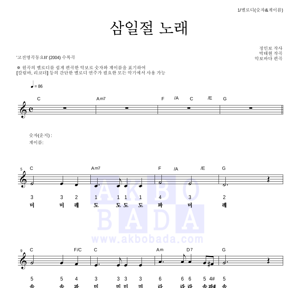 동요 - 삼일절 노래 멜로디-숫자&계이름 악보 