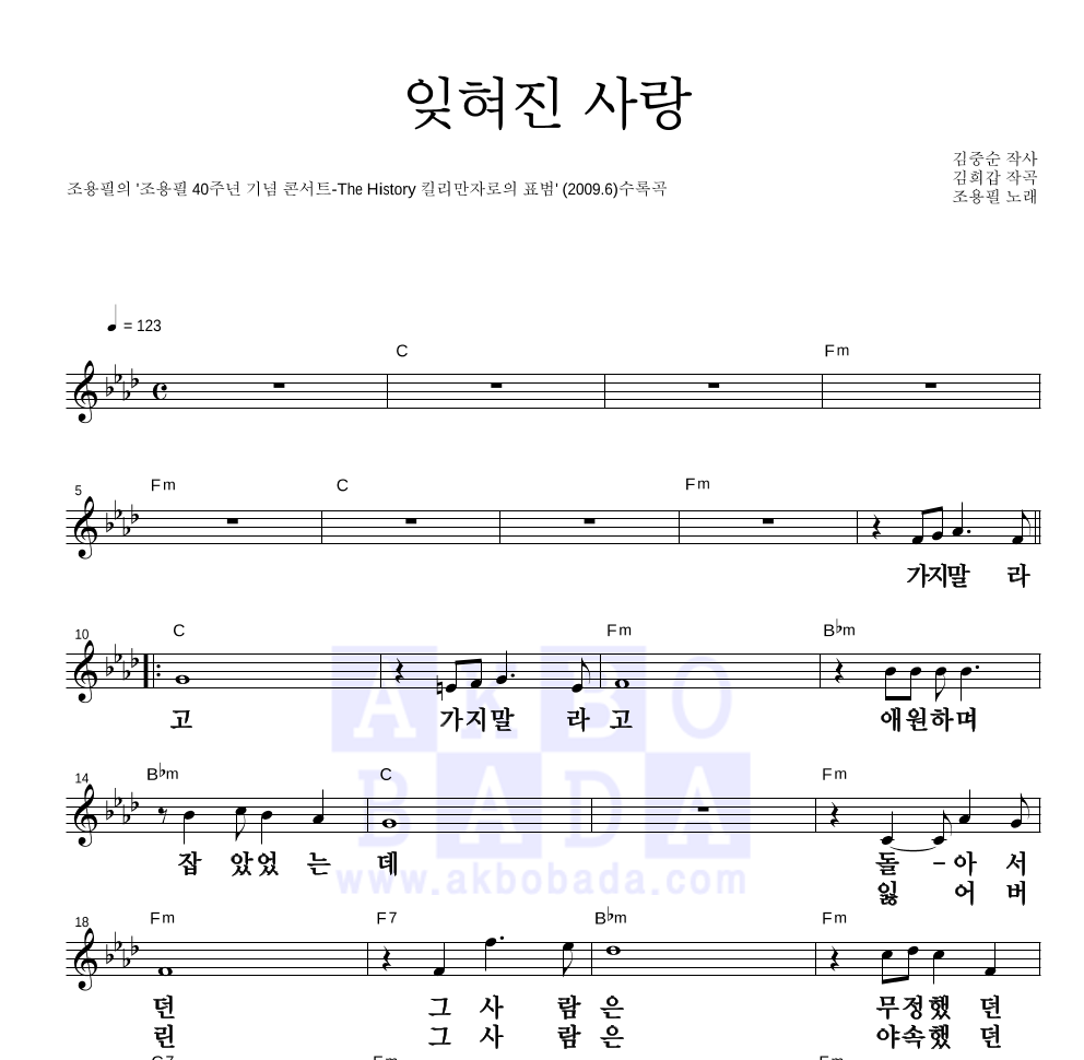 조용필 - 잊혀진 사랑 멜로디 큰가사 악보 