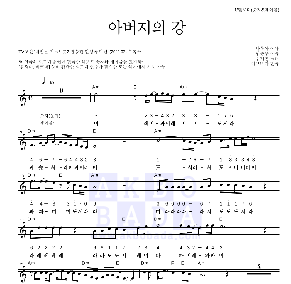 김태연 - 아버지의 강 멜로디-숫자&계이름 악보 