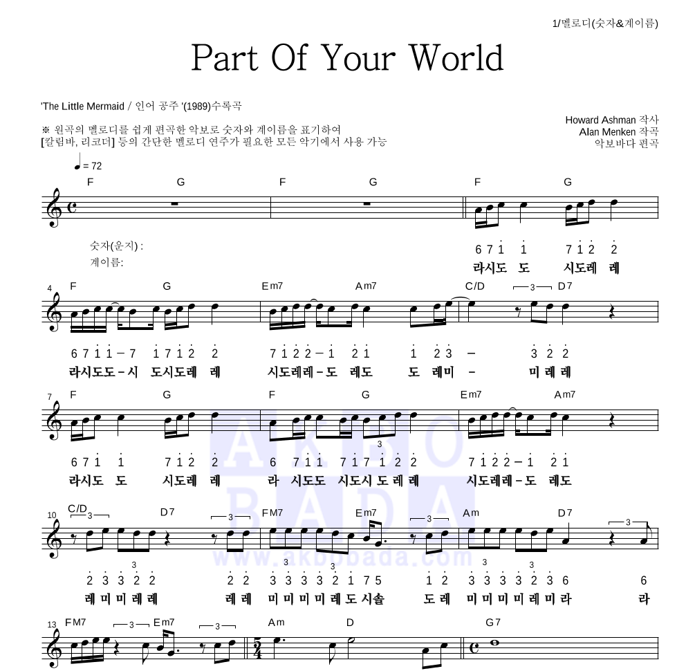 Jodi Benson - Part of your world 멜로디-숫자&계이름 악보 