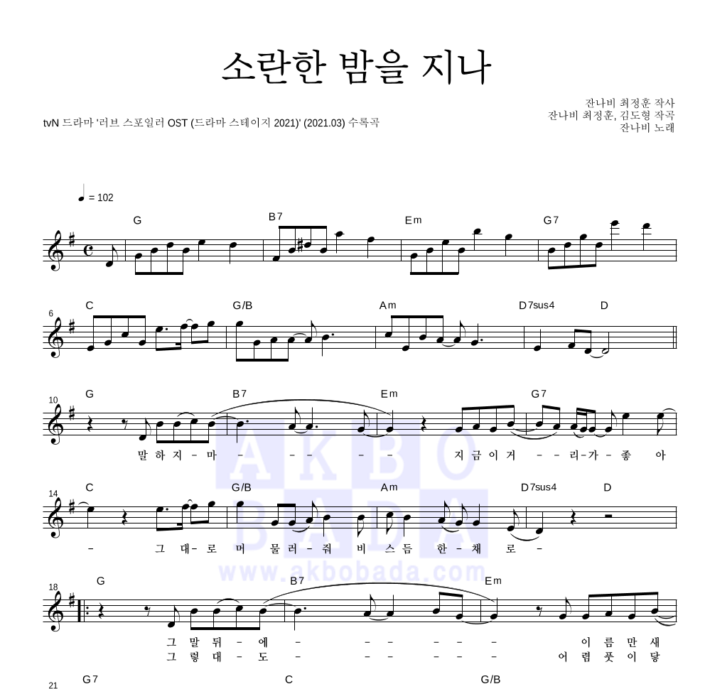 잔나비 - 소란한 밤을 지나 멜로디 악보 