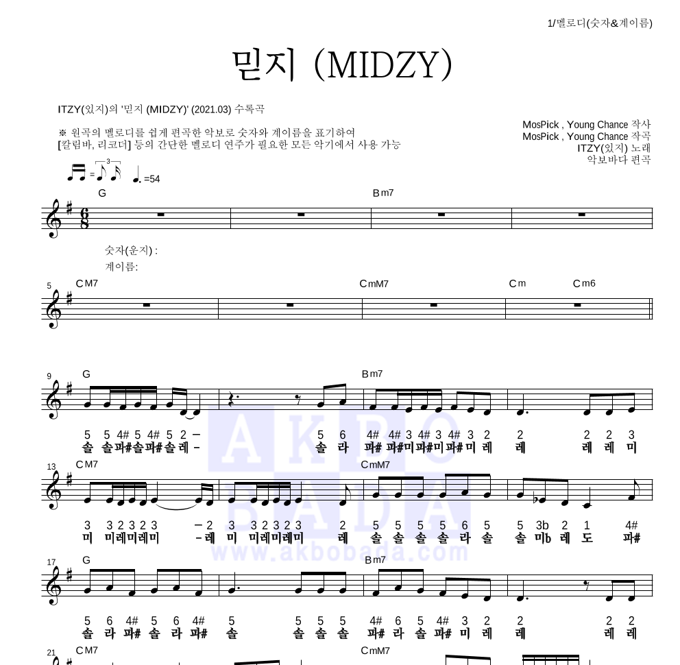 ITZY(있지) - 믿지 (MIDZY) 멜로디-숫자&계이름 악보 