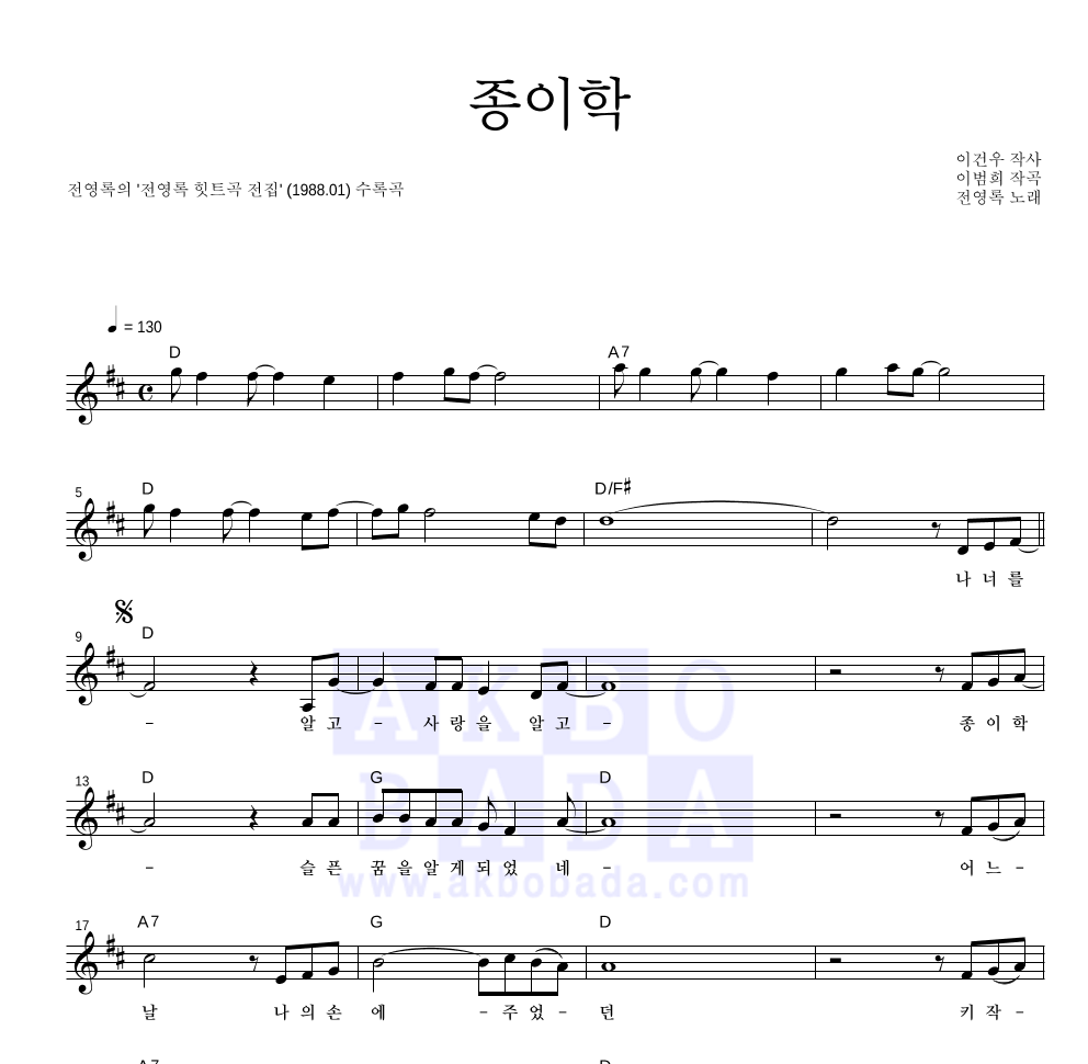 전영록 - 종이학 멜로디 악보 