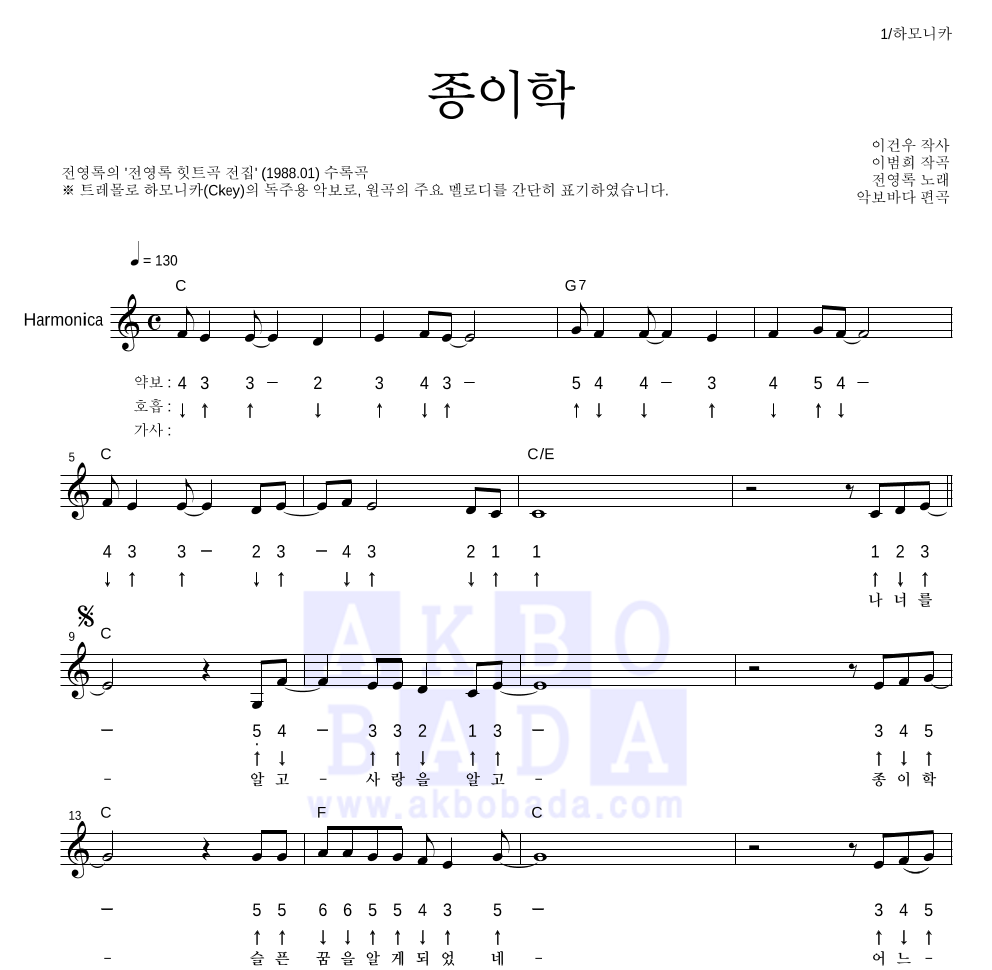 전영록 - 종이학 하모니카 악보 