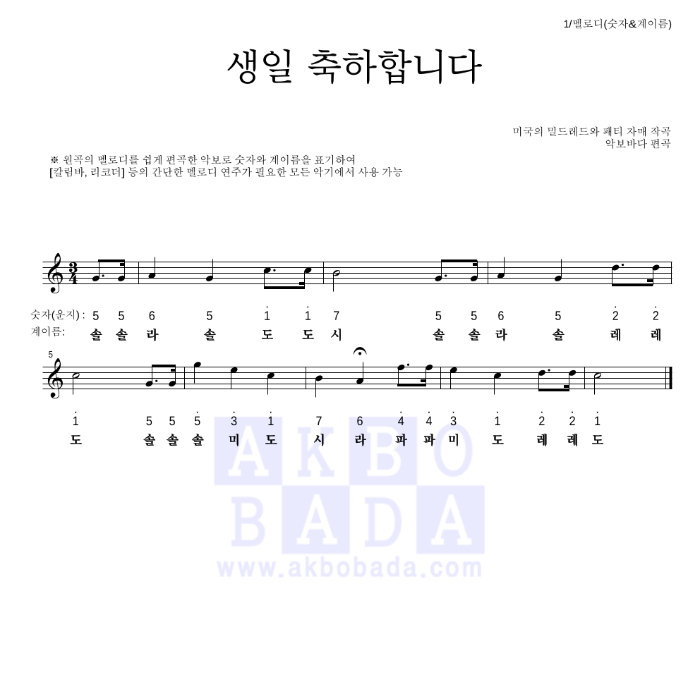 동요 - 생일 축하합니다 멜로디-숫자&계이름 악보 