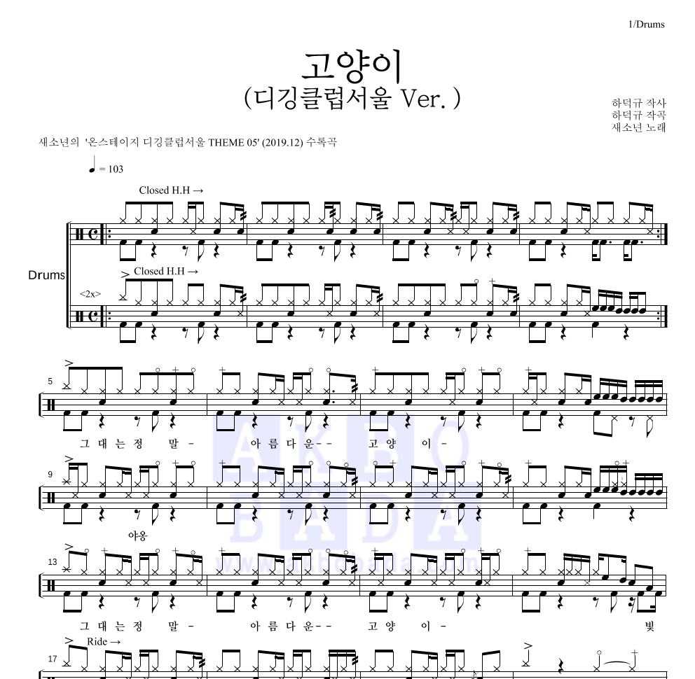 새소년 - 고양이(디깅클럽서울 Ver.) 드럼(Tab) 악보 