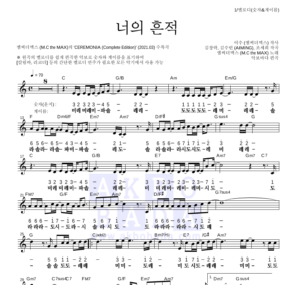 엠씨더맥스 - 너의 흔적 멜로디-숫자&계이름 악보 