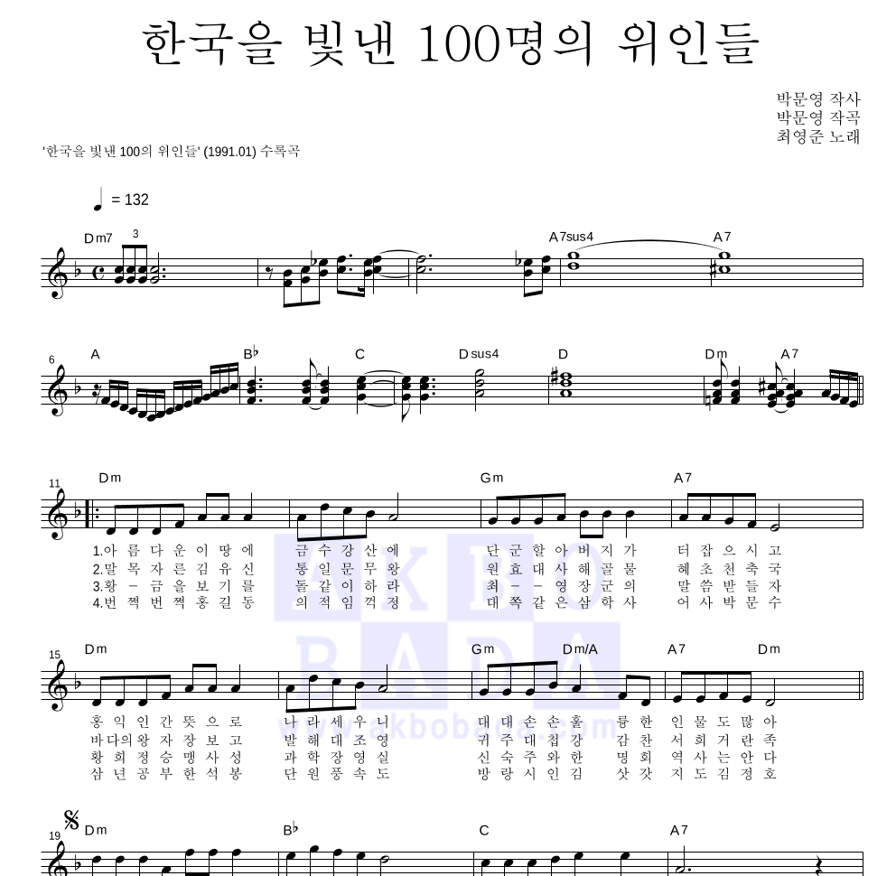최영준(성인가요) - 한국을 빛낸 100명의 위인들 멜로디 악보 